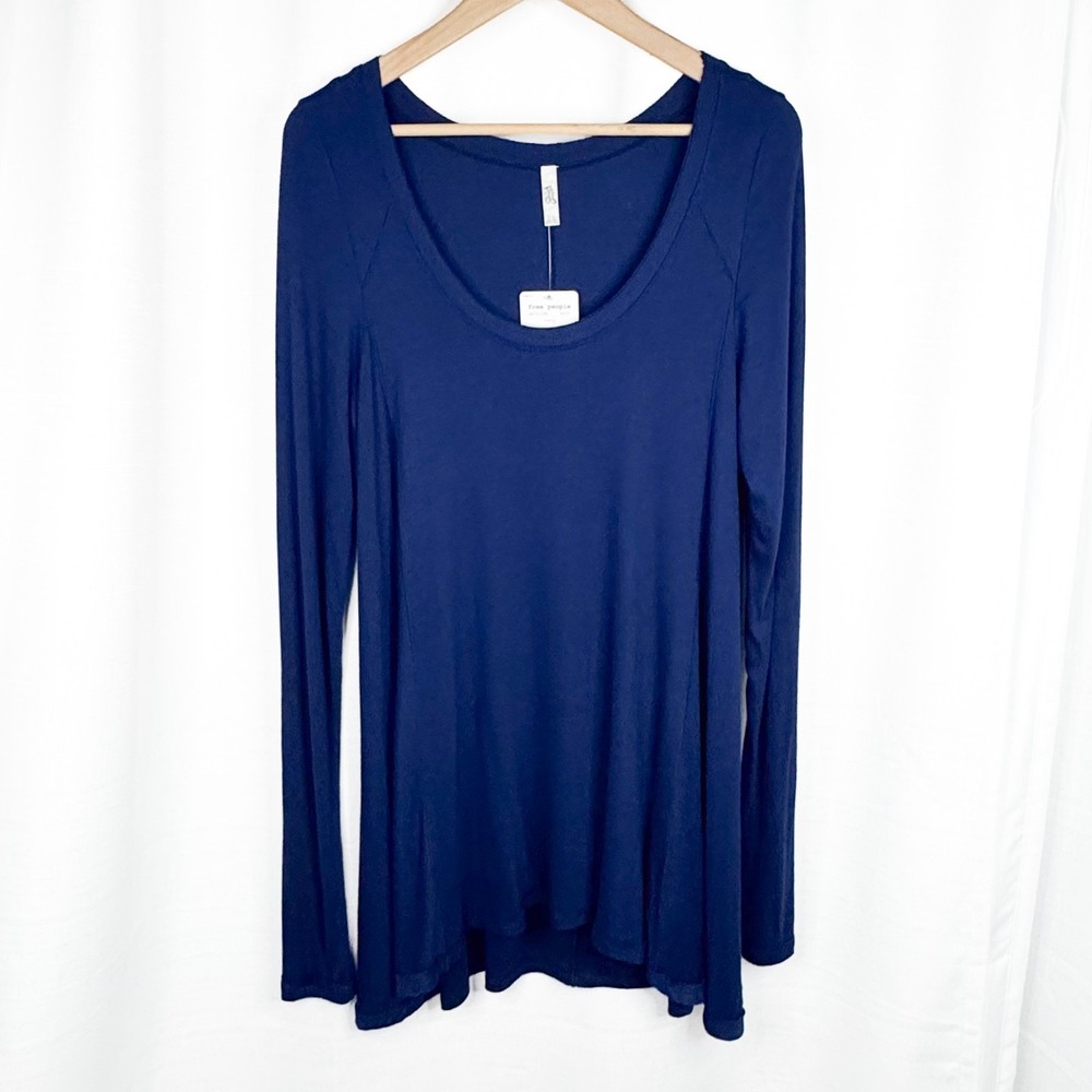 Free People January Tee Womens L Navy Blue Ribbed Hi Low Tunic Top NWT